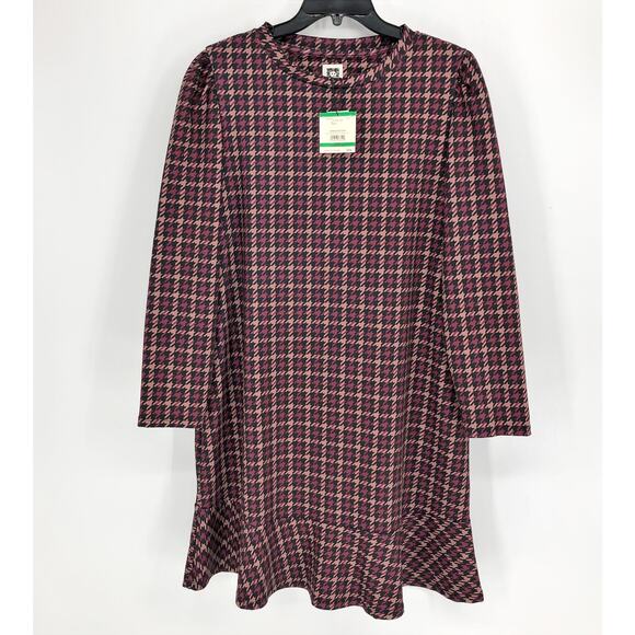 ANNE KLEIN Women Knit Shift Dress 10-12 Large Pink Black Houndstooth Stretch NWT - Picture 3 of 8